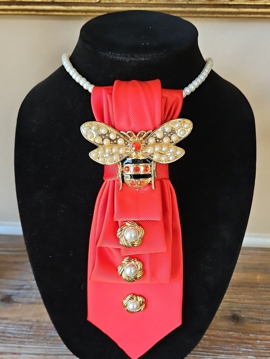 Upcycled Jewelry - Upcycled Orange Red Necktie Necklace with Gold Bee Brooch and Pearl Accents